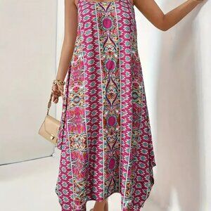 Hippie Flowy Pink Polyester Non-Sheer Asymmetrical Beachy Fringe Hem Sundress XL